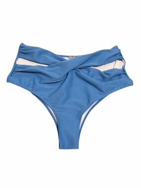 Blue Ribbed High Waisted Crossover Bikini Bottom